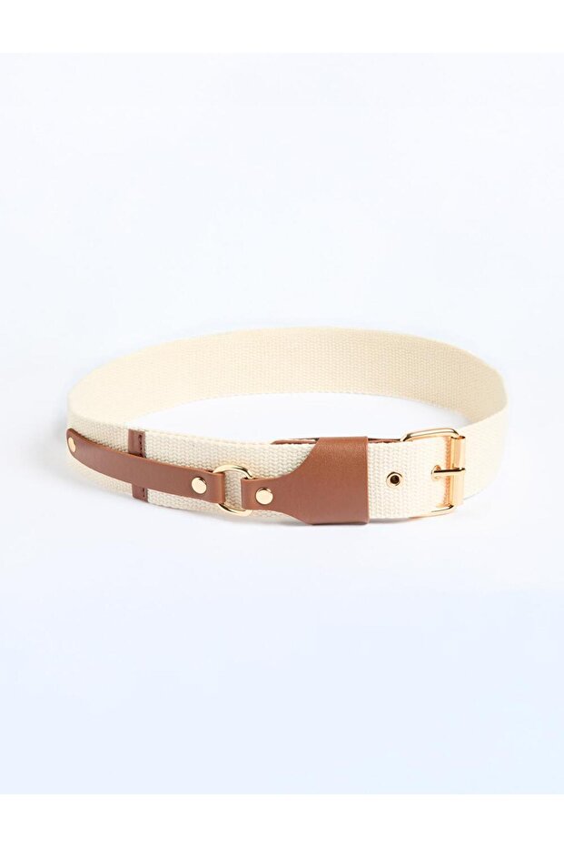 Ecru Square Buckle Leather Look Belt