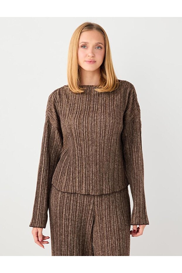 Coffee Melange Relaxed Fit Boat Neck Long Sleeve Knitted Blouse