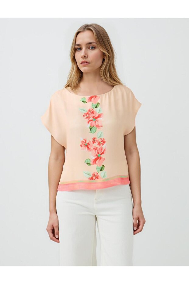 Pink Short Sleeve Boat Neck Floral Print Blouse