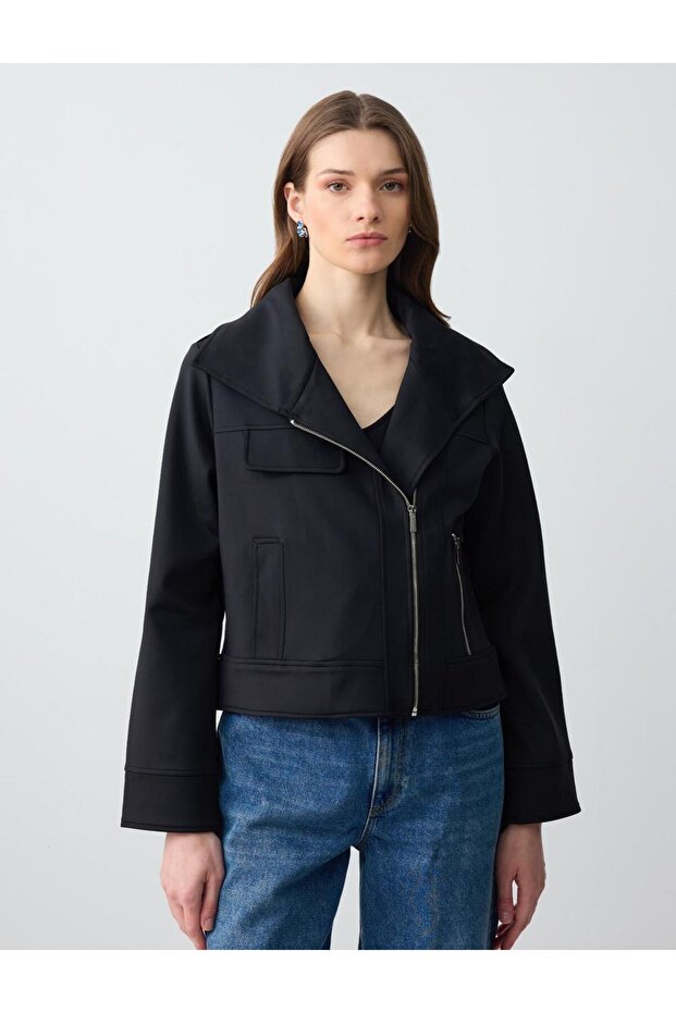 Black Straight Cut Long Sleeve Knitted Jacket with Pocket Detail