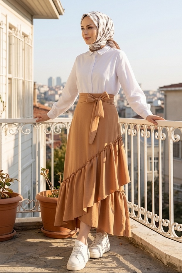 Ruffle Detailed Belted Skirt 1403 - Mink
