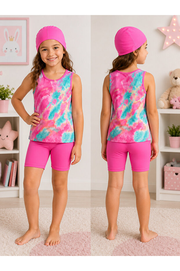 Girl's Top, Cap, Tights 3-Piece Batik Patterned Hijab Swimwear Set