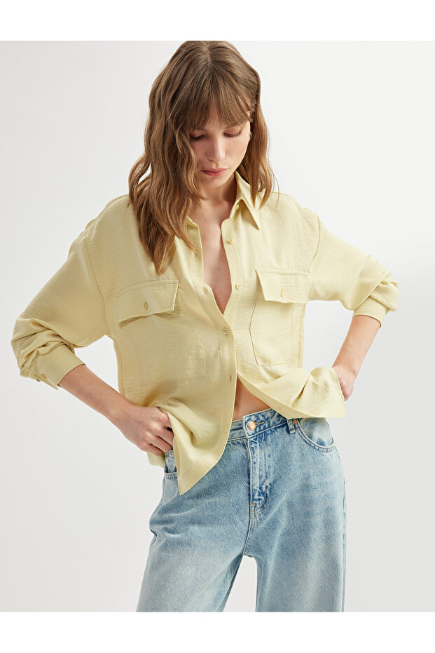 Aerobin Fabric Covered Pocket Detailed Long Sleeve Oversize Shirt