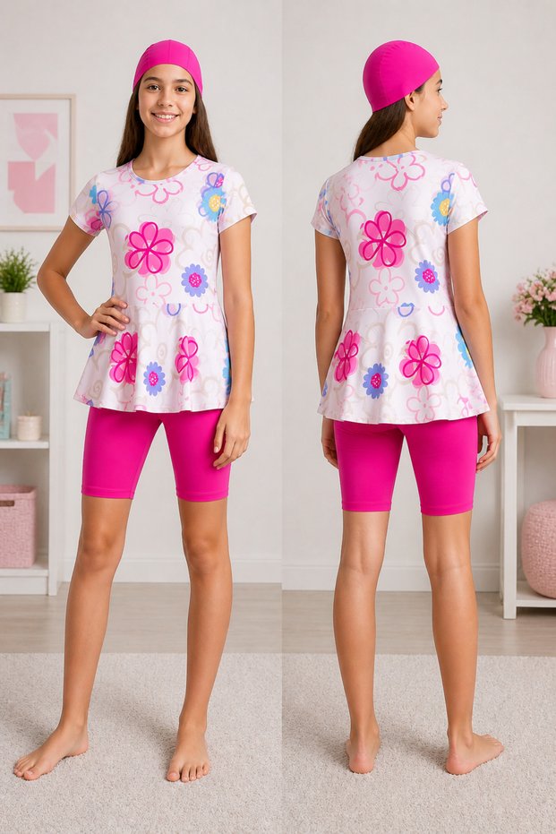 Girl, Young Wild Rose Semi-Tussle 3 Piece Top, Bone, Tights Sea Pool Swim Suit
