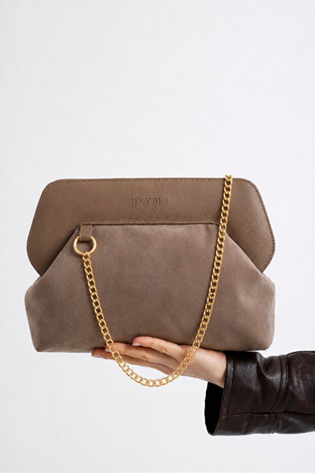 Heybes Women's Mink Leather Detailed Suede Clutch Handbag
