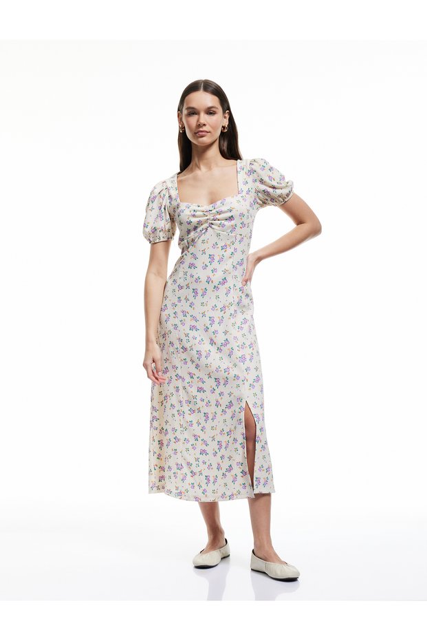 Square Neck Gathered A-Line Balloon Sleeves Floral Slit Midi Dress Bürümcük