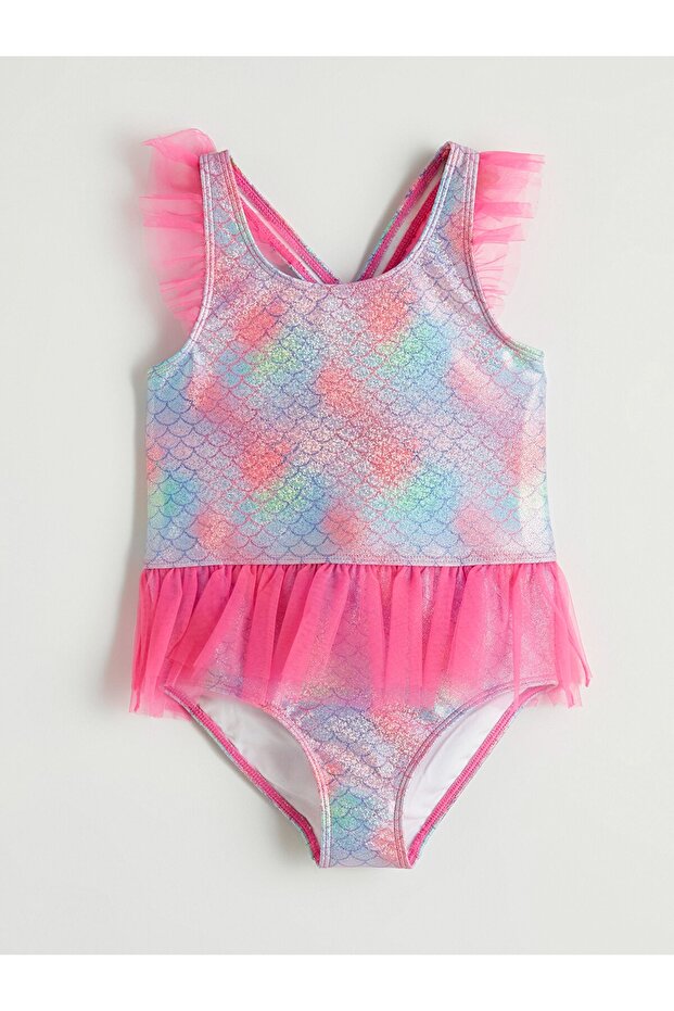 Mixed Patterned Tulle Ruffle Detailed Girls' Swimsuit (S6)