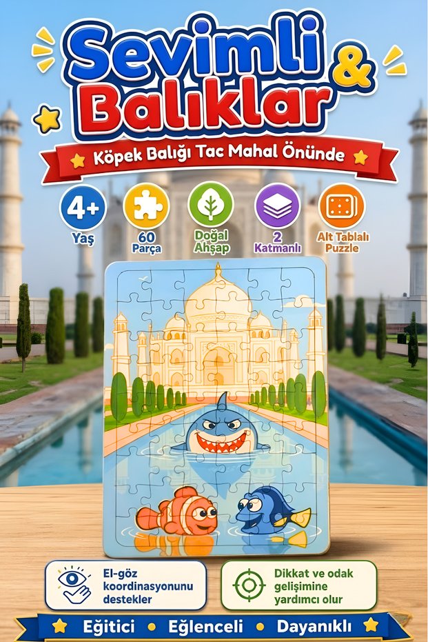 54 Piece Educational Wooden Puzzle & Jigsaw Cute Fish Friends River in Front of the Taj Mahal