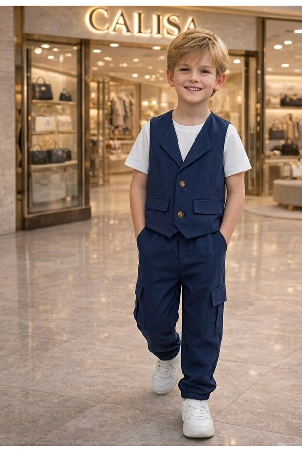 Boy's 3-Piece Set with Vest and Navy Blue Trousers, Stylish Holiday Combination
