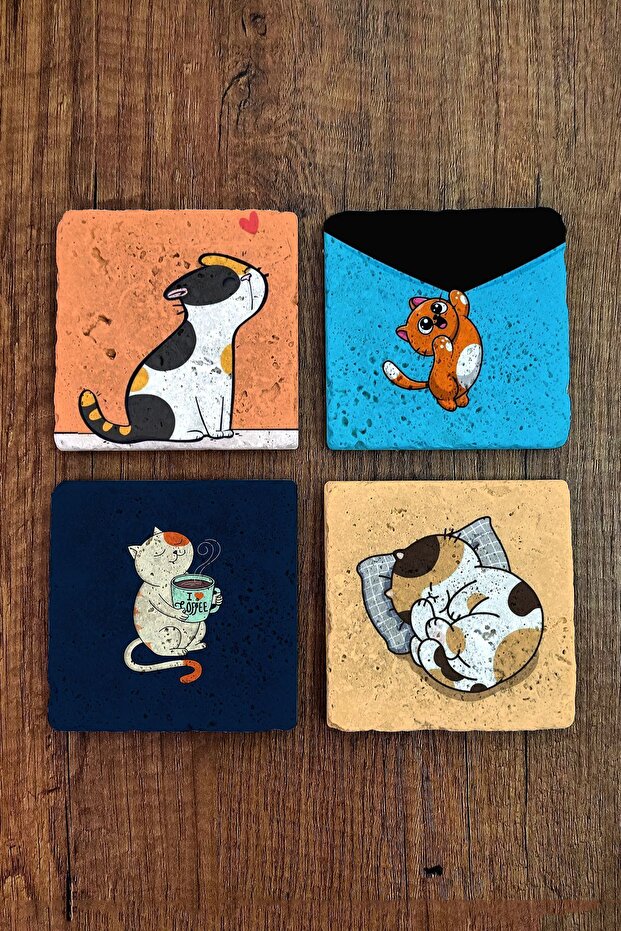 Natural Stone Coasters Set of 4 10x10x1 cm Cute Cats Printed-Stone Coasters