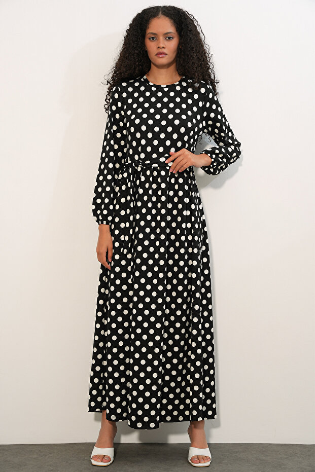 1525 Women's Long Knitted Polka Dot Dress - P. Black