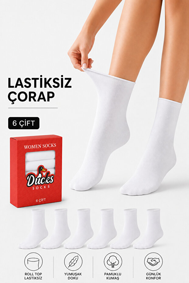 Women's White 6-Piece Cotton Boxed Elasticless Socks, Diabetic-Friendly, Seamless, Non-Marking, Long, Non-Tightening Socks
