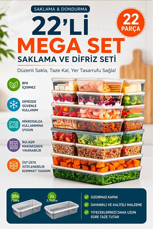 Set of 22 Freshbox Storage Containers Suitable for Microwave and Refrigerator - 2X2.5 Liters - 20 X 1 Liter