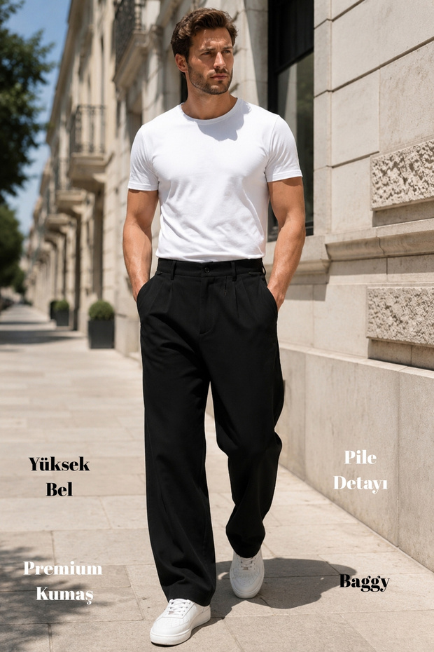 Xcedy Premium Men's High Waist Pleated Baggy Pants Casual Wide Cut Draped C358 Black