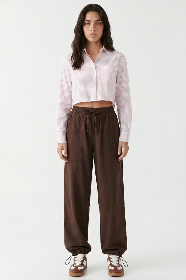 100% Cotton Lace-Up Trousers with Elastic Cuffs and Pockets