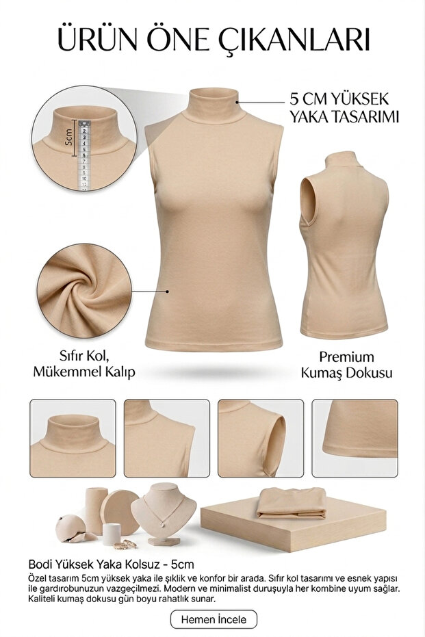 Women's Zero Sleeve Half Turtleneck Combed Cotton Stretch Fabric Body - Beige