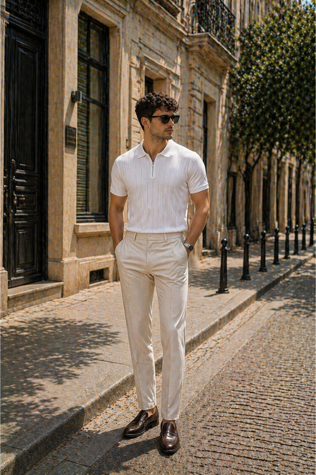 2026 New Season Zippered Knitwear Polo Collar T-Shirt Modern Striped Textured Men's Summer Wear White