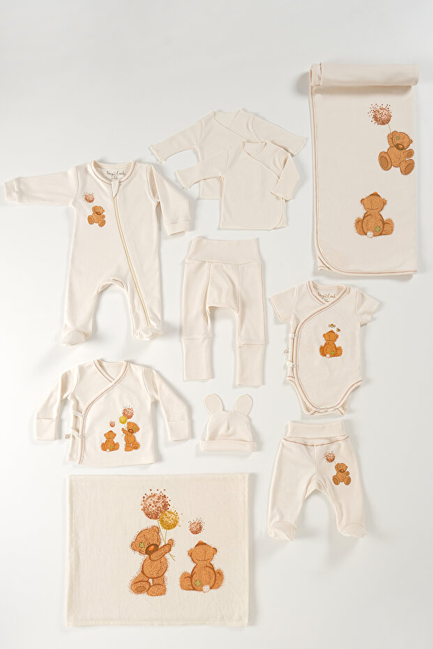tinylamb Fluffy Bear Unisex 10 Parça %100 Pamuk Hastane Çıkışı Takımı Organik Pamuk Yenidoğan Set