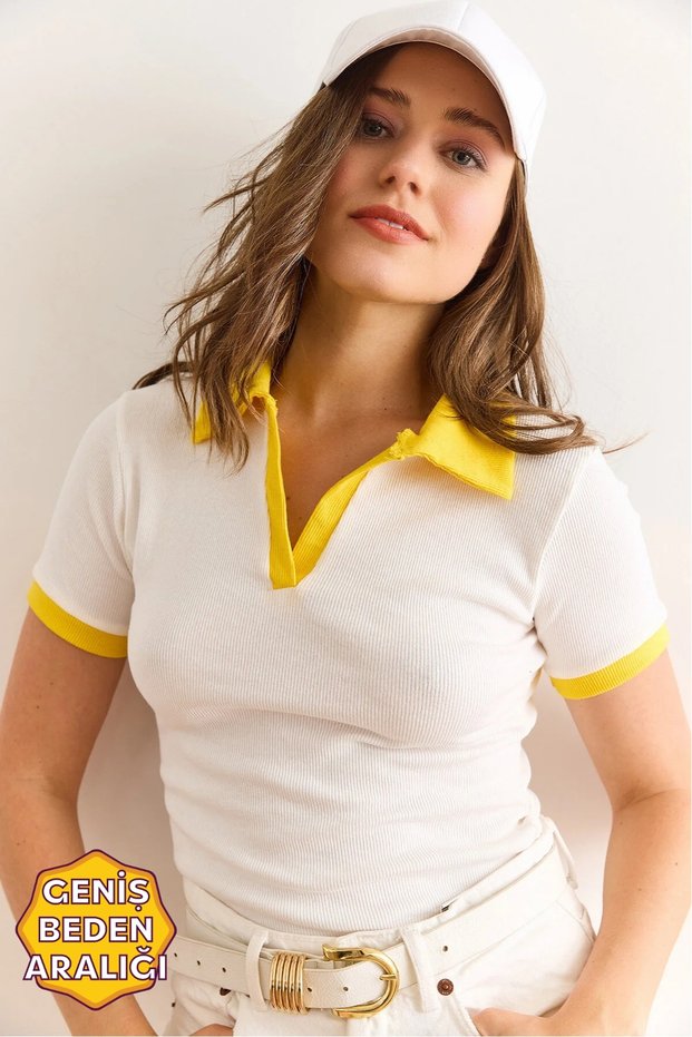 Women's Ecru Yellow Polo Neck Color Detailed Flexible Cotton Blouse Blz-19002920
