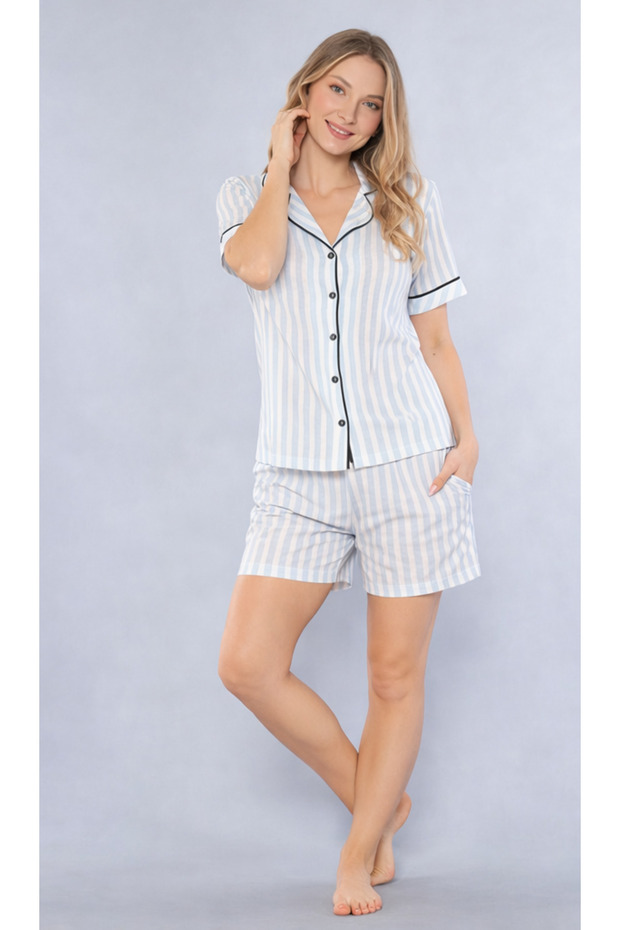 Striped Full-Length Buttoned Shorts Set 760-02