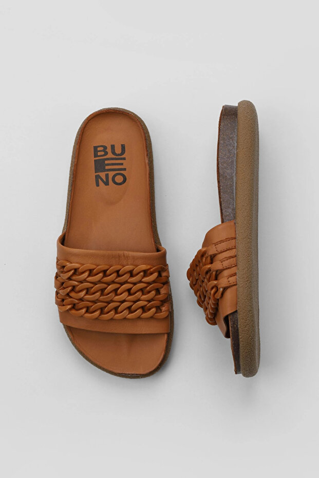 Tan Leather Women's Flat Slippers 01Wu4708