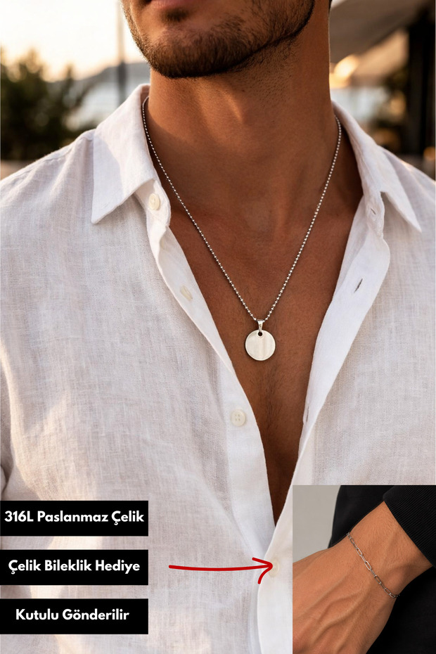 Ring End Ball Chain Stainless Steel Silver Men's Necklace