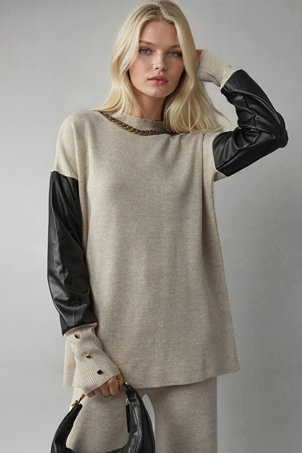 My Fashion Faux Leather Detailed Sweater