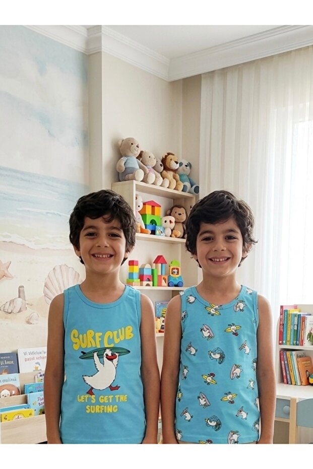 قميص داخلي للأولاد من القطن باللون الأزرق بنمط Duck Surf مكون من قطعتين