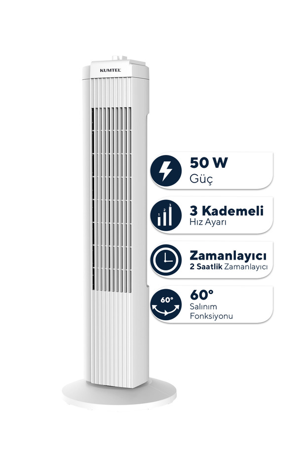 KUMTEL KTF-258W Kule Tipi Beyaz Vantilatör – 50W, Zaman Ayarlı, 3 Hız Kademeli, Sessiz Çalışma