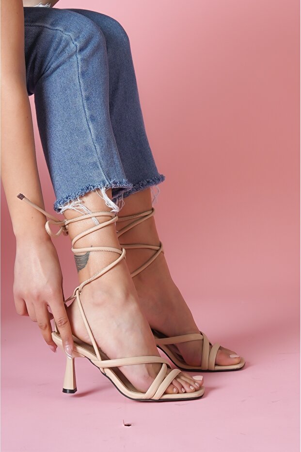 Yona Nude Ankle Wrap Heeled Shoes