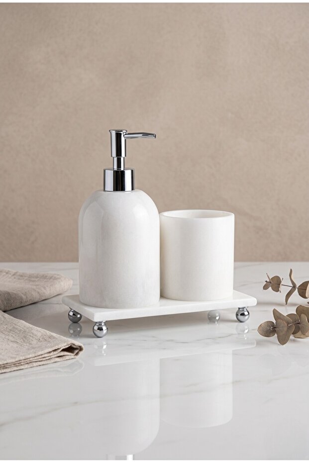 White Marble 3-Piece Bathroom Set Silver Decor Bathroom Accessory with Liquid Soap Dispenser and Toothbrush Holder