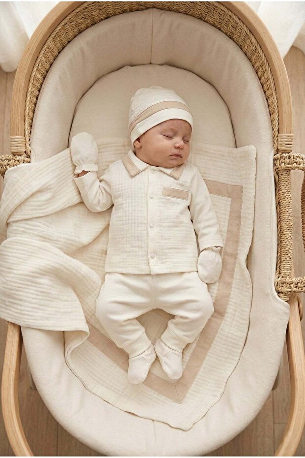 Baby Boy 100% Cotton 5-Piece Muslin Set with Blanket Newborn Hospital Release Zibin Set Boxed