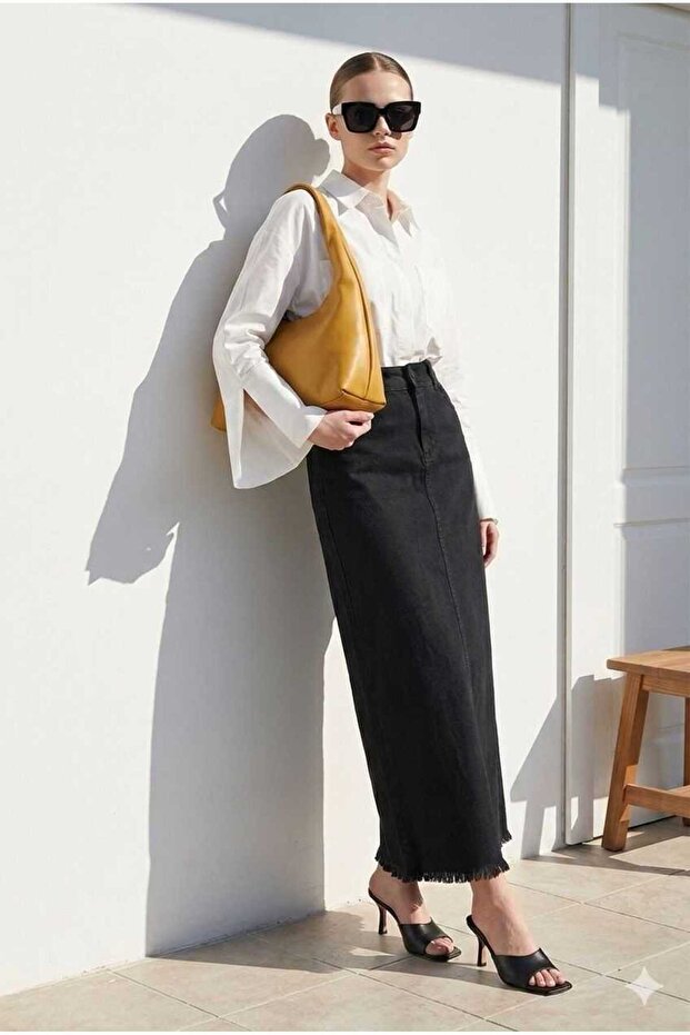 2252-Denim Tasseled Skirt Black