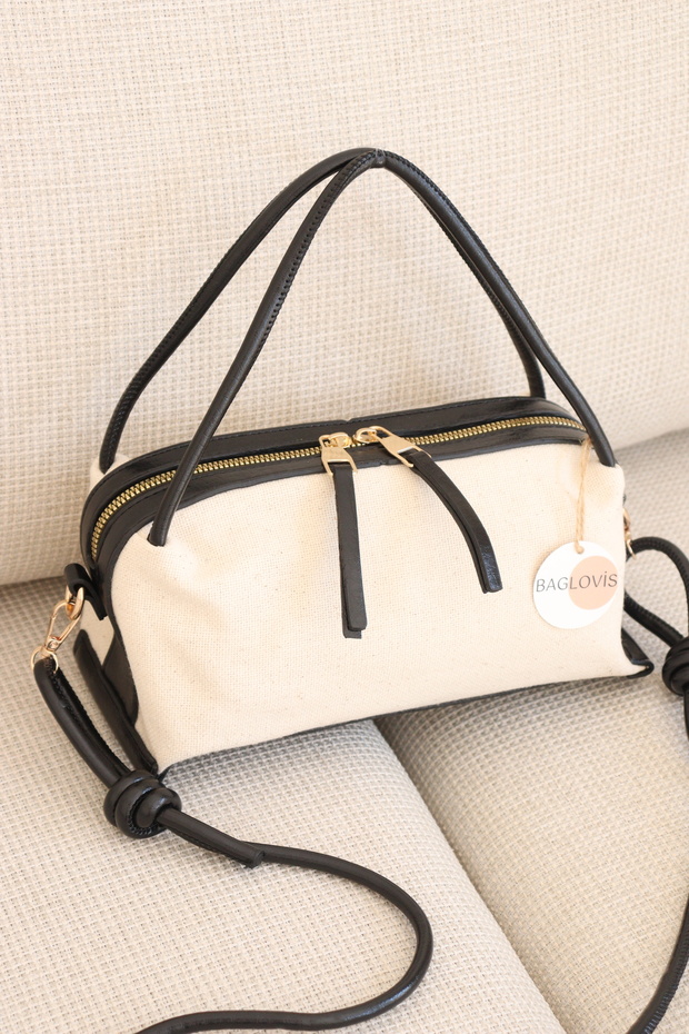 Women's Canvas Handbag Linen Fabric Leather Detailed Stylish Daily Shoulder Bag Width24 Length14