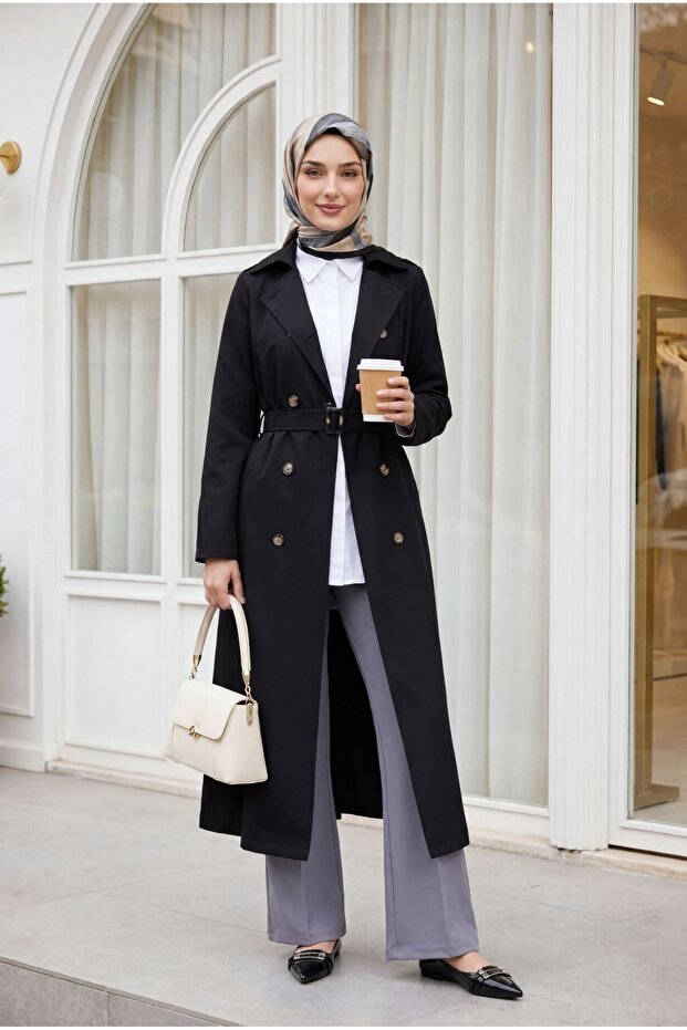 Double Button Belted Trench Coat - Black