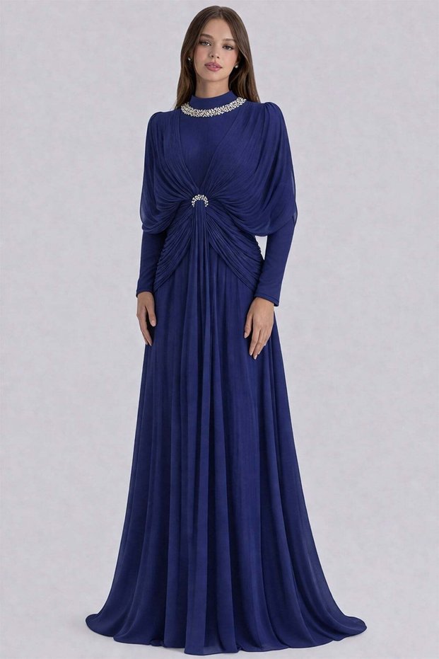 Yoryo Silk Hijab Evening Dress with Stone and Flywheel Detail K. Indigo 1254