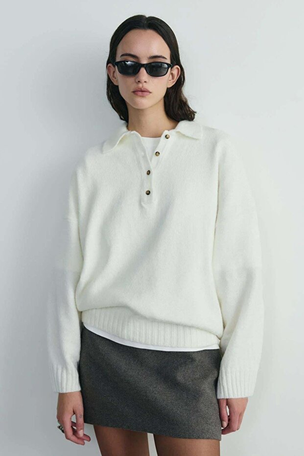 Ecru Rani Polo Neck Oversize Sweater