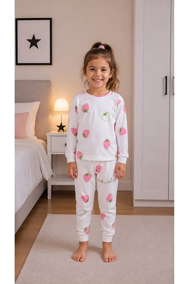 Girls' 100% Cotton White Strawberry Patterned Patterned Long Sleeve Winter Pajamas Set