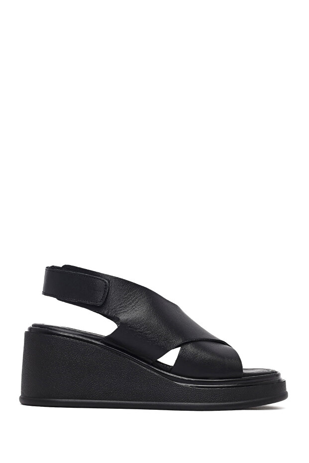 Women's Black Strappy Wedge Heeled Leather Sandals 25Sfd131618