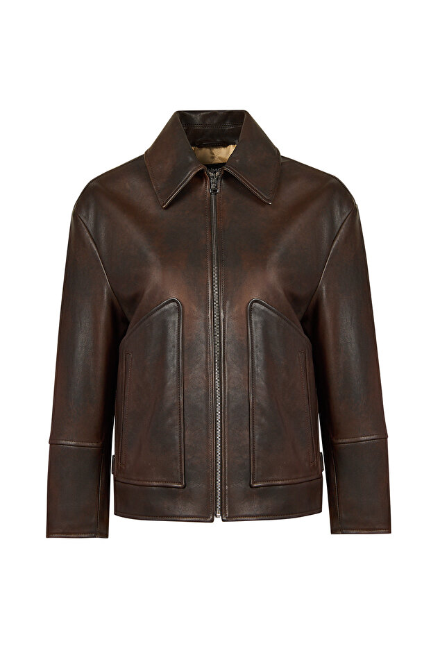 Garcia Women's Brown Shirt Collar Oversized Leather Jacket 25Wgd5636Vd