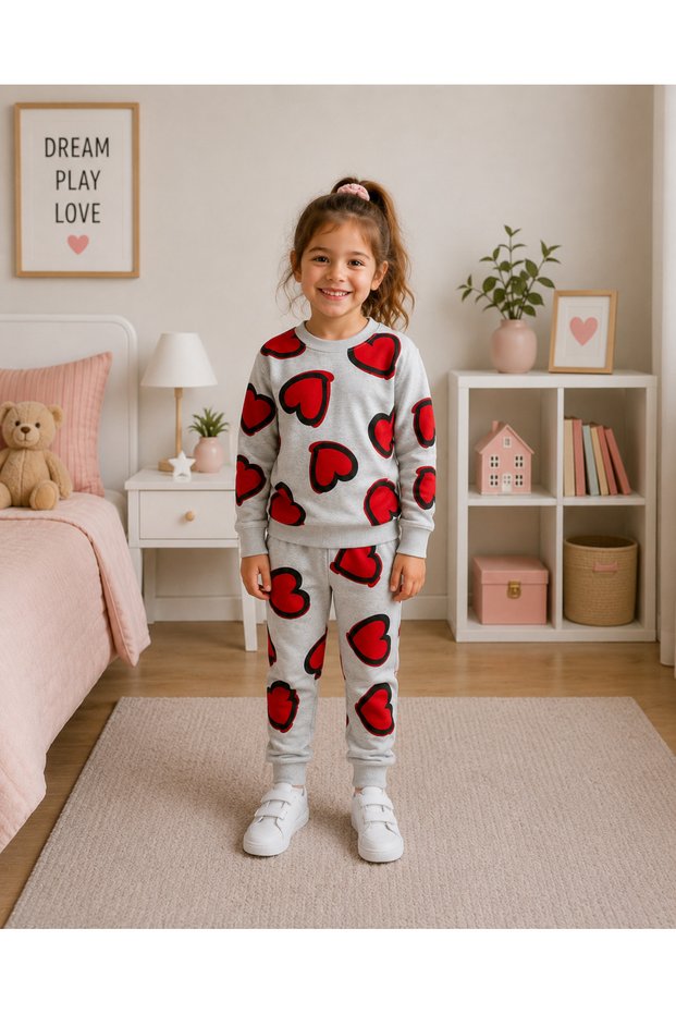 Girl's Cotton Fabric Gray Heart Patterned Long Sleeve Seasonal Pajama Set