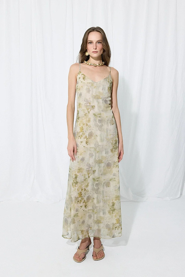 Trace Collection Thin Strap Long Chiffon Maxi Dress - Green