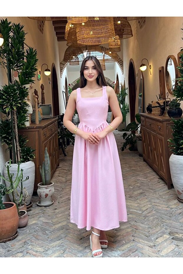 Pink Stone Printed A-Line Lace-Up Dress - Fitted