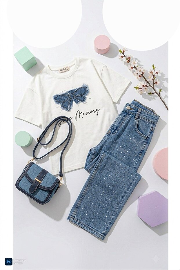 Girl's Set with Blue Jeans and Stones, Stylish Model, 2-Piece Set for Summer