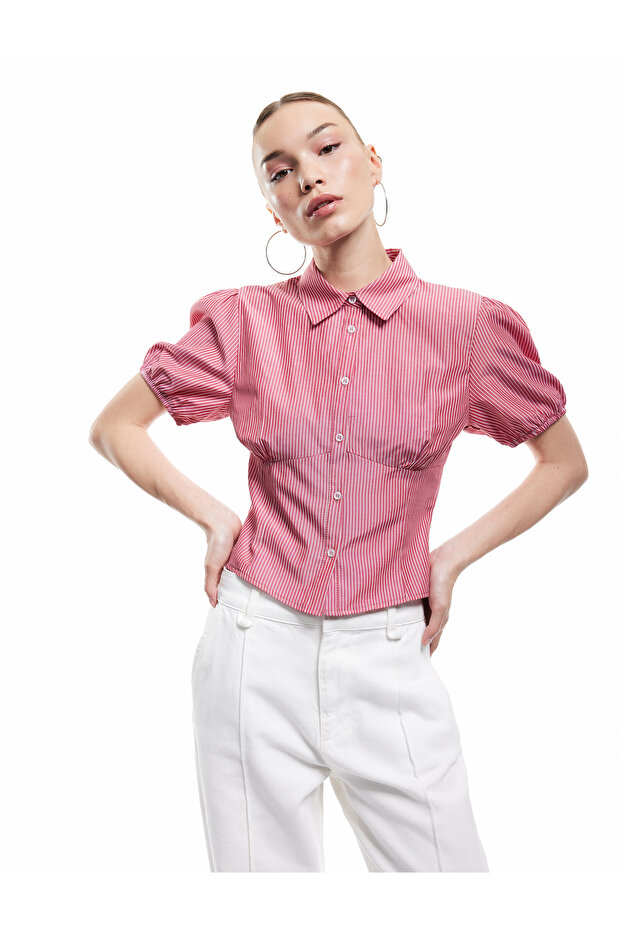 Classic Lapel Button Slim Fit Short Balloon Sleeve Striped Shirt