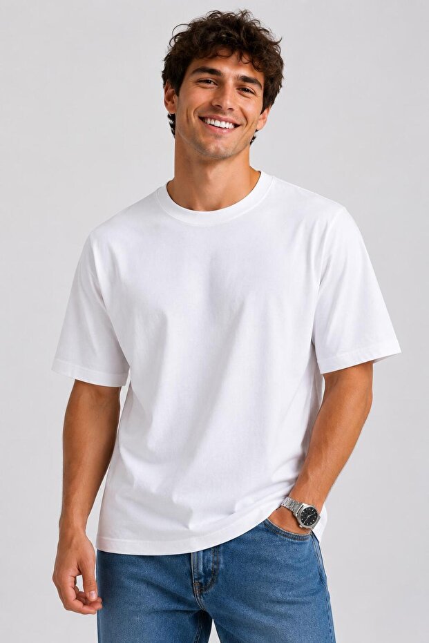 Men's 100% Cotton T-Shirt Regular Fit Crew Neck T-Shirt - White