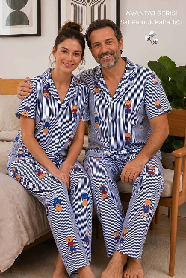 Egyptian Women's Cotton Short Sleeve Shirt Pajama Set Navy Blue