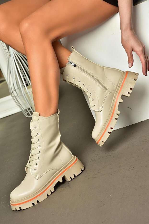 R524802209 Beige Lace-up Women's Boots