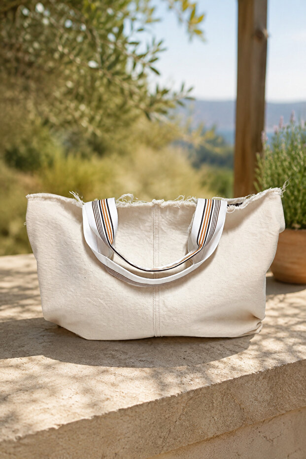Cream Denim Recycling Checkered Lined Shoulder Bag