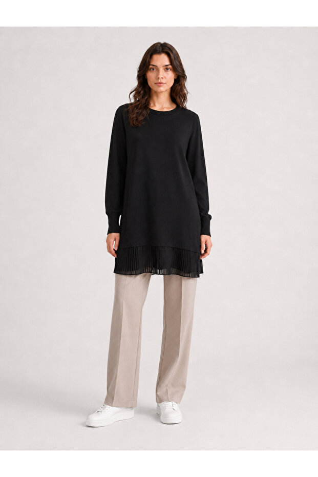 Black Chiffon Long Sleeve Pleated Underwear - 877